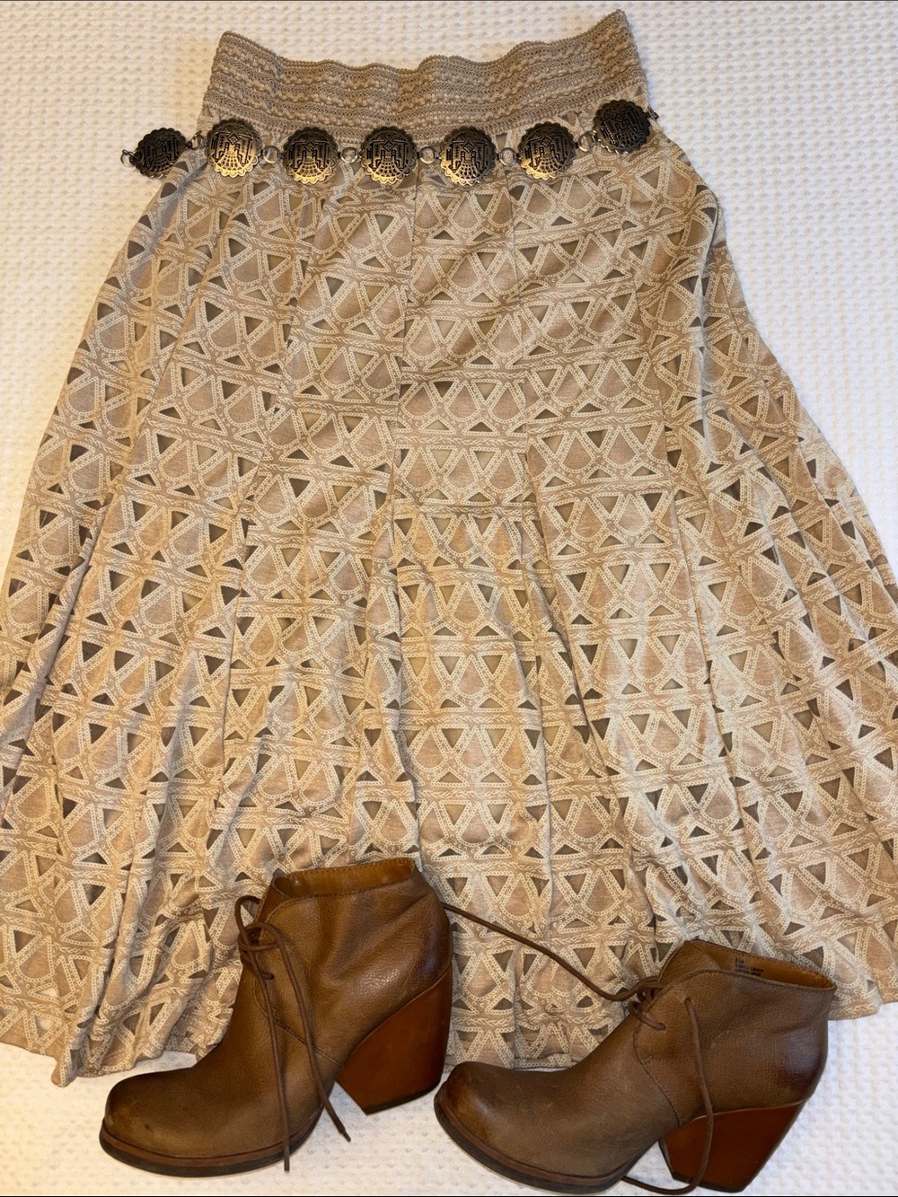 Lapis LARGE Tan Beige Crochet Full Midi Skirt Cut-Outs Sheer Boho Western